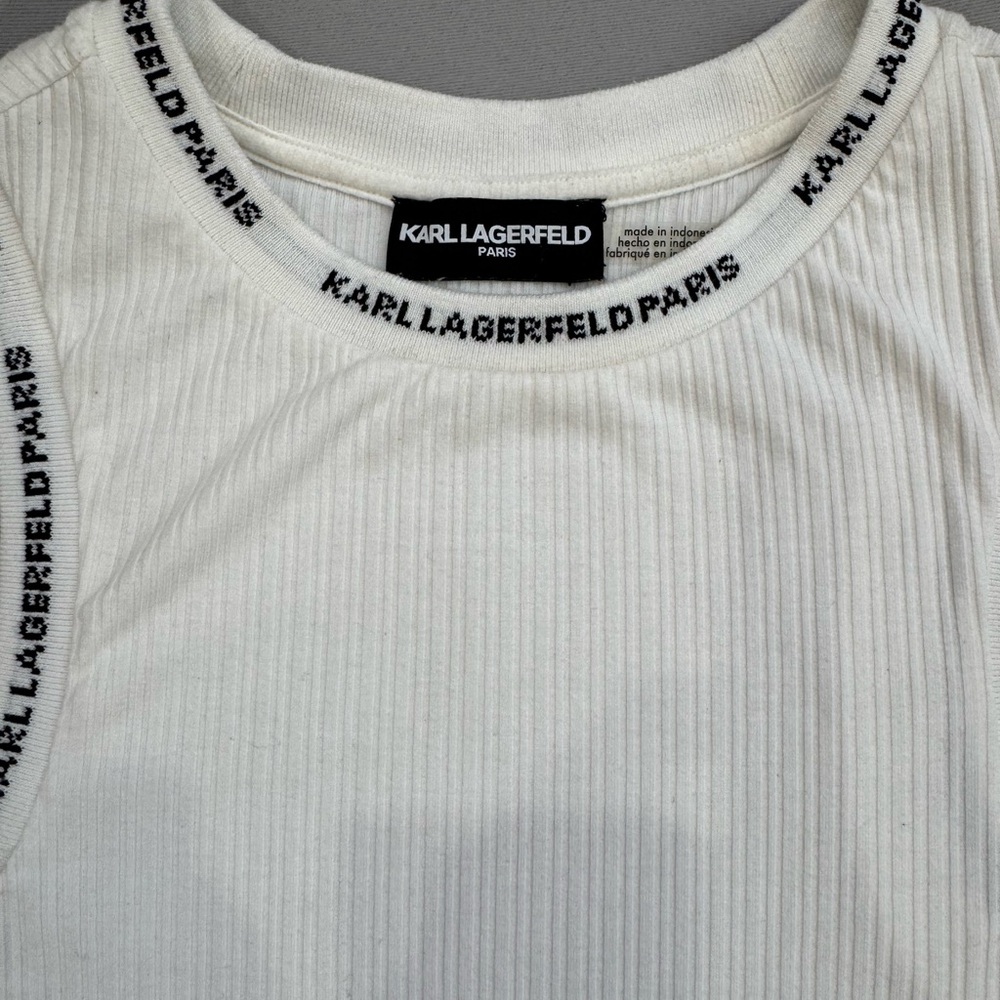 Karl Lagerfeld Cream Ribbed Tank Top with Logo Trim - Picture 2 of 5